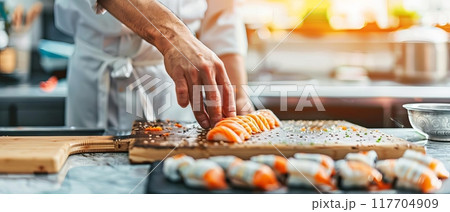 Chef preparing fresh sushi rolls in a modern kitchen. Focus on hands and precision in food presentation, with a creative culinary atmosphere. 117704909