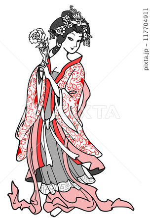 楊貴妃-紅白模様の着物 117704911