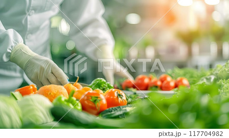 Chef selecting fresh produce in the kitchen. Healthy ingredients for meal preparation. Organic vegetables and fruits. Culinary arts. Chef selecting fresh produce in the kitchen. Healthy ingredients for meal preparation. Organic vegetables and fruits. Culinary arts. 117704982