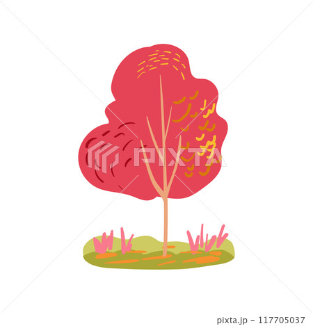 Hand drawn trees with pink, coral, red, and yellow branches and falling leaves. Simple design. Flat vector illustration. Icon Hand drawn trees with pink, coral, red, and yellow branches and falling leaves. Simple design. Flat vector illustration. Icon 117705037