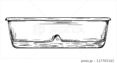 Vector illustration of a long garden pot for growing greenery and plants in linear style. Garden tools, home decor, flower vase, seed tray, tableware. Hand drawn sketch on isolated background 117705181