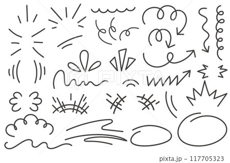 Comic cartoon effects of bomb explosion. Doodle vector elements splashes burst and arrows. Manga boom and scribble lines sketch. Hand drawn speed action lines. 117705323