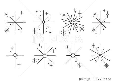 Outline icons of stars with sparkles. Glitter light graphic elements set. Twinkles retro symbols on white background. Minimal magic decoration pictograms. Abstract modern figures Outline icons of stars with sparkles. Glitter light graphic elements set. Twinkles retro symbols on white background. Minimal magic decoration pictograms. Abstract modern figures 117705328