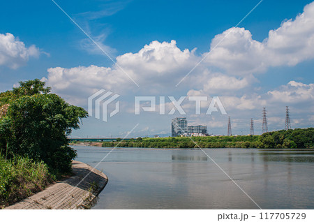 夏の淀川風景 天野川合流付近から高槻市方面の眺め 夏の淀川風景 天野川合流付近から高槻市方面の眺め 117705729