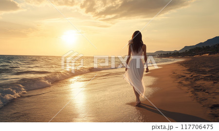 夕暮れの海辺を歩くドレス姿の女性 夕暮れの海辺を歩くドレス姿の女性 117706475