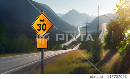 A high-speed highway in a picturesque mountainous area. There is a road sign on the side of the road warning about the speed limit A high-speed highway in a picturesque mountainous area. There is a road sign on the side of the road warning about the speed limit 117707058