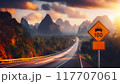 A high-speed highway in a picturesque mountainous area. There is a road sign on the side of the road warning about the speed limit 117707061