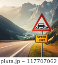 A high-speed highway in a picturesque mountainous area. There is a road sign on the side of the road warning about the speed limit 117707062