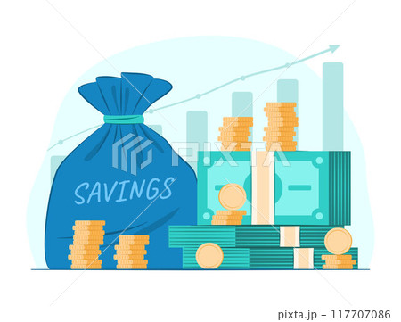 Stack of Cash Money and Money Bag for Savings and Financial Concept Illustration 117707086