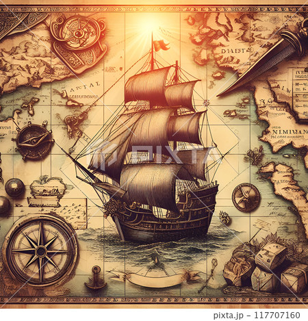 A pirate treasure map with islands and sailing frigates drawn on it 117707160