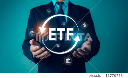 Businessman shows icons of ETF Exchange traded fund stock market trading investment financial concept, Investment Opportunities in Mutual Funds and ETFs, Stock market index fund, ETF stock options. 117707284