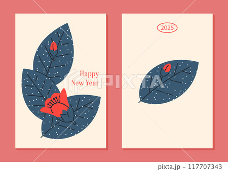 Happy new year card template with leaves and flowers with space for text in minimalistic style 117707343