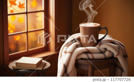 暖かいホットチョコレートやカフェラテがブランケットに包まれている風景 暖かいホットチョコレートやカフェラテがブランケットに包まれている風景 117707726
