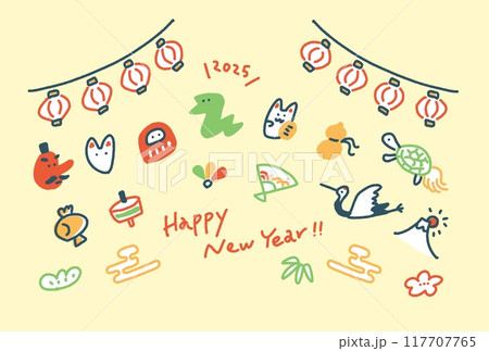 和風の可愛い年賀状　令和七年　2025 縁起物　提灯　鶴亀 117707765