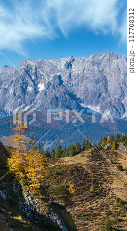 Peaceful autumn Alps mountain sunny view from hiking path from Dorfgastein to Paarseen lakes, Land Salzburg, Austria. Peaceful autumn Alps mountain sunny view from hiking path from Dorfgastein to Paarseen lakes, Land Salzburg, Austria. 117708312