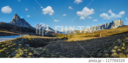 Mountain sunny evening peaceful view from Giau Pass. 117708320