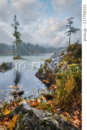 Mountain alpine autumn lake Hintersee, Berchtesgaden national park, Deutschland, Alps, Bavaria, Germany. 117708321