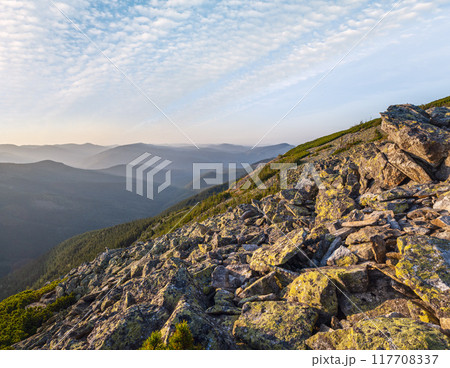 Summer Carpathian mountains evening view. Stony Gorgany massif, Ukraine. 117708337