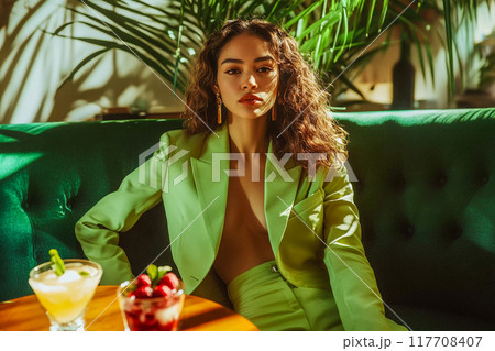 Beautiful cheeky self-confident brunette young woman in green business suit sitting at table in modern bar with alcoholic cocktail. Serious face. AI-generated item. 117708407