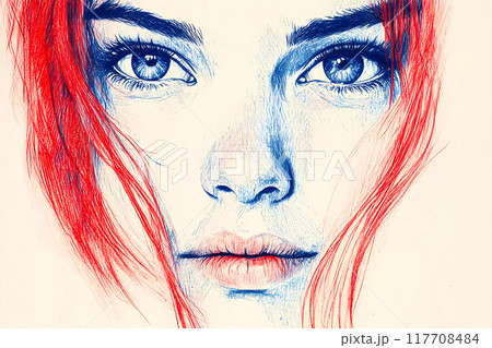 Pencil drawing of a beautiful teen girls face with kind blue eyes and direct look. Artwork image with a face of young woman with red hair, blue eyes. AI-generated item. 117708484