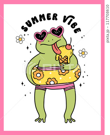 Groovy Retro Summer Frog beach licks ice cream cartoon character Summer vibe 117708610