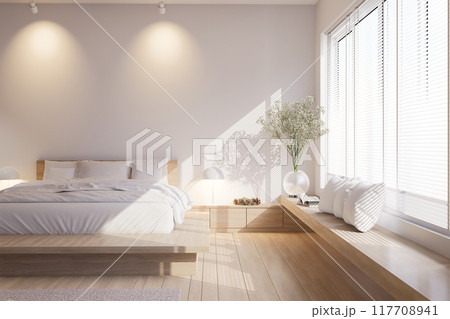 Minimal style modern contemporary white bedroom interior with wooden furniture 3d render 117708941