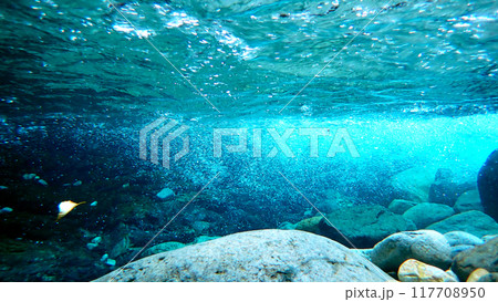阿寺渓谷の綺麗な水中の流れ 117708950
