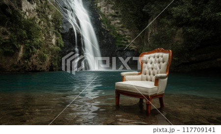 Luxury Chair Standing in Water by Waterfall 117709141