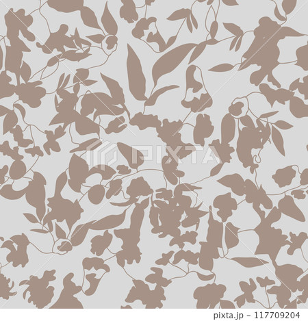 Hand drawn summer floral background. Monochrome illustration. Silhouettes. Endless design for printing and decoration. Repeatable botanical backdrop.  117709204