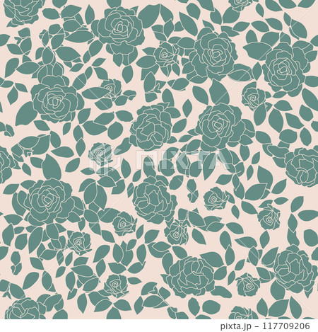 Seamless wallpaper pattern with collection of pastel roses. Line art wallpaper. Vector stock illustration.  117709206