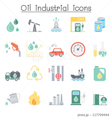 Oil industrial icons set in flat color style Oil industrial icons set in flat color style 117709484
