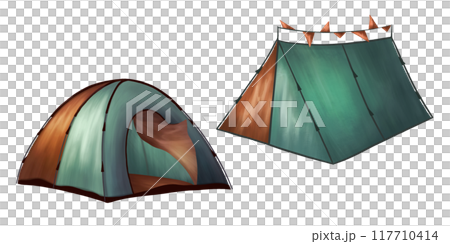 A set of tourist tents in blue-orange color. Equipment for outdoor activities, travel and hiking. A place for camping, picnic in nature and companionable vacations. Isolated digital illustration 117710414