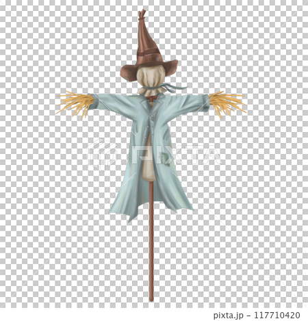 A scarecrow in a blue raincoat and hat. Halloween decoration of the yard and garden. Autumn festivals, rustic-style celebrations. Farm work, harvesting in the fields. Isolated digital illustrations 117710420