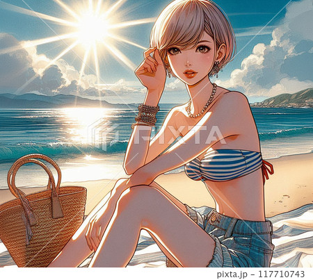夏の浜辺と水着の女性 117710743