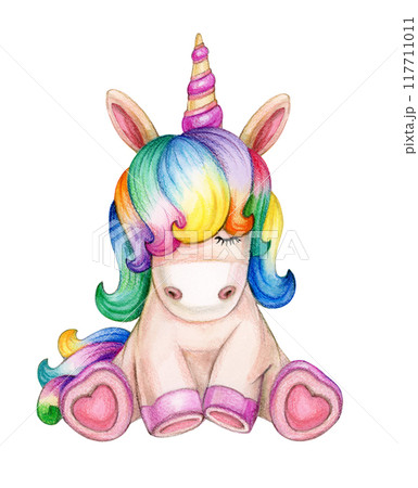 Cute sitting unicorn cartoon, isolated on white. 117711011