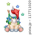 Cute unicorn in Christmas hat,  solated on white. 117711020