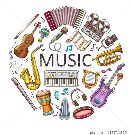 Hand drawn doodle music round banner Hand drawn doodle music round banner 117711250