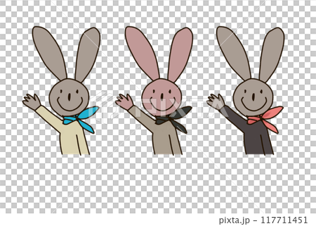手を挙げる3匹のゆるウサギ 117711451