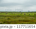 風力発電と牧草ロールのある風景 117711654
