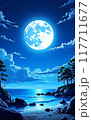 輝く満月と海の風景画 117711677