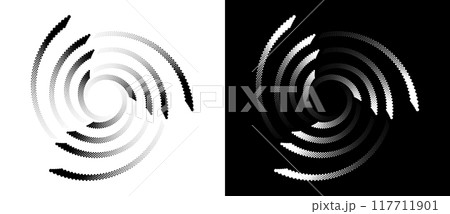 Modern abstract background. Halftone dots in spiral. Round logo. Vector dotted frame. Design element or icon. Black shape on a white background and the same white shape on the black side. 117711901