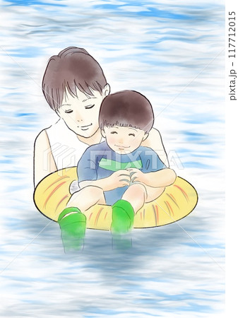浮き輪に乗った子供と父親 117712015