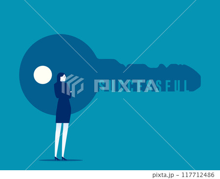 Businesswoman looking to the key and ponders. Business successful vector concept Businesswoman looking to the key and ponders. Business successful vector concept 117712486
