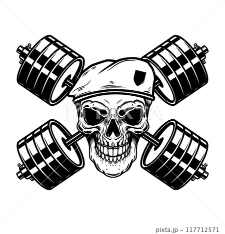 Soldier skull with crossed barbells. Design element for logo, label, sign. Vector illustration Soldier skull with crossed barbells. Design element for logo, label, sign. Vector illustration 117712571