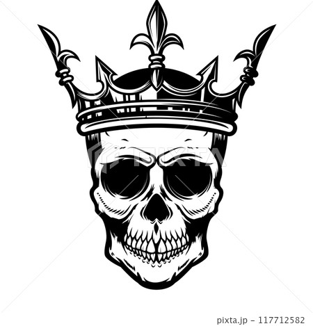 Skull with king crown. Design element for logo, label, sign, emblem. Vector illustration 117712582