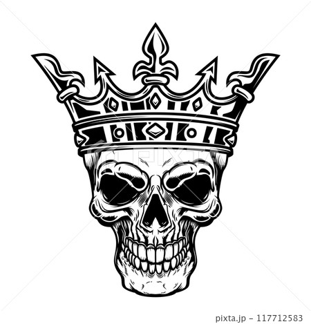 Skull with king crown. Design element for logo, label, sign, emblem. Vector illustration 117712583