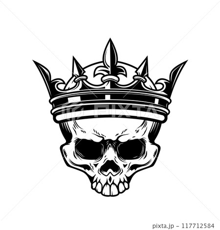Skull with king crown. Design element for logo, label, sign, emblem. Vector illustration 117712584
