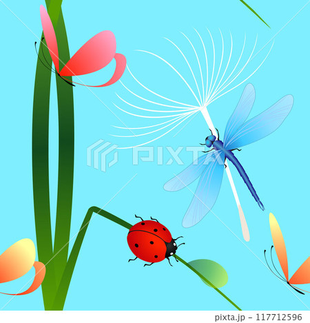 Seamless pattern with ladybug on grass, butterfly and dandelion on blue background. 117712596