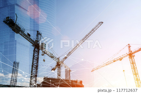 Construction technology banner background. Construction site with cranes, fittings and concrete. 117712637