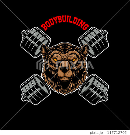 Grizzly bear with crossed barbells. Design element for logo, emblem, sign, poster, t shirt. Vector illustration 117712705
